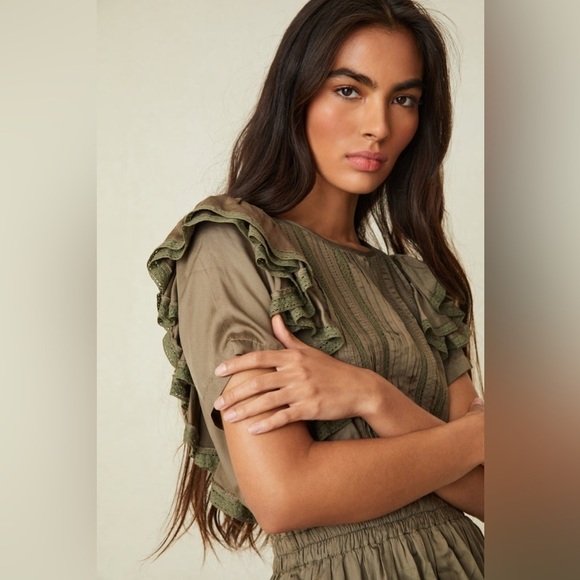 LoveShackFancy Natasha Dress M Forest Oak Green Ruffle Mini Boho NWT Fall - Picture 3 of 16